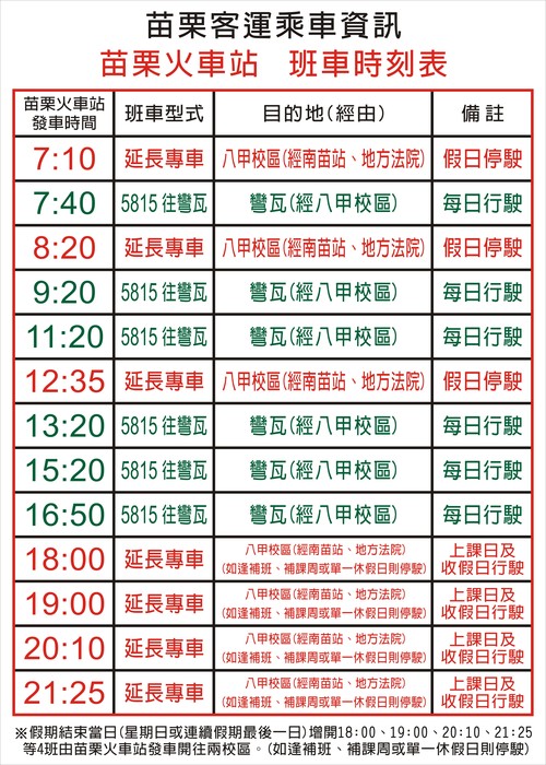 苗栗火車站班車時刻表